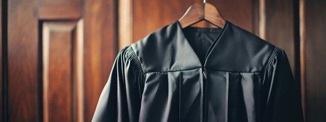 Graduation Gown Hanging on Wooden Hanger Academic Attire Ready for Ceremony