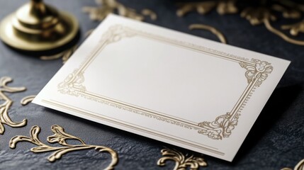 Elegant Gold Framed Blank Invitation Card Mockup on Dark Background