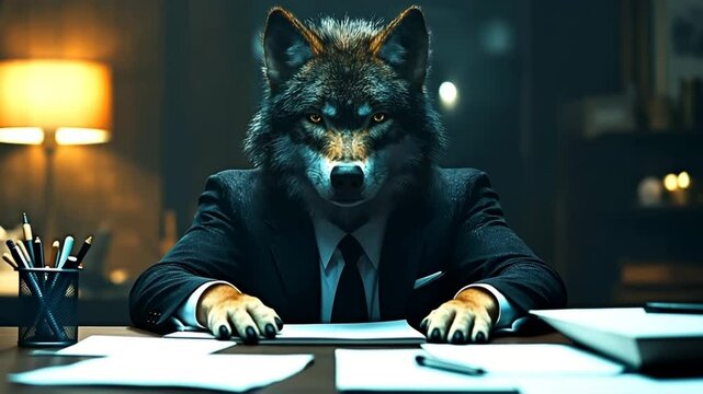 Cunning wolf in a tailored suit at the boardroom table