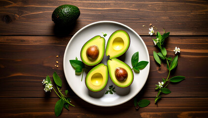 Plano cenital de un aguacate partido en un plato blanco sobre una mesa de madera © theshooter