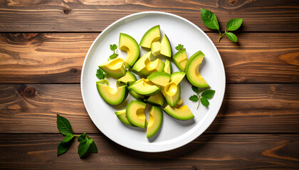 Plano cenital de un aguacate partido en un plato blanco sobre una mesa de madera © theshooter
