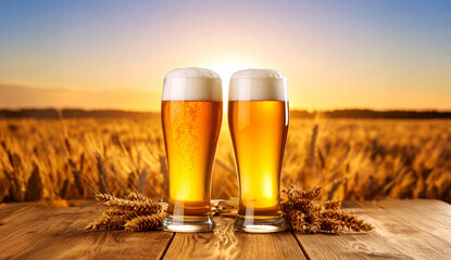 Dos vasos de cristal con refrescante bebida de cerveza rubia con espuma junto a un campo de cebada al contraluz del atardecer