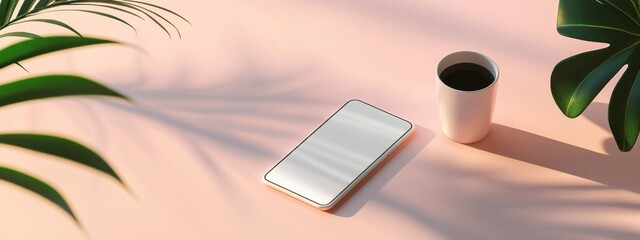 Peaceful Minimalist Scene Smartphone Coffee and Tropical Leaves on Pink Background