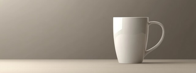 White Ceramic Mug on Beige Table Minimalist Coffee Cup Mockup Simple Design