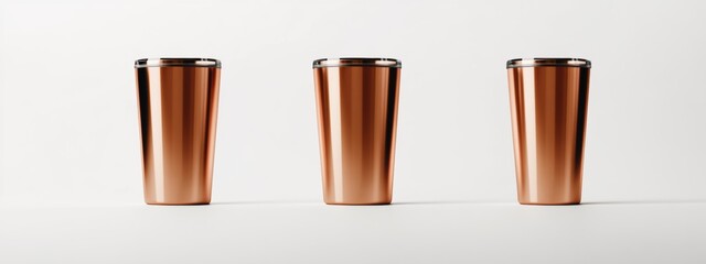 Three Rose Gold Metallic Tumblers on White Background Mockup for Branding and Design