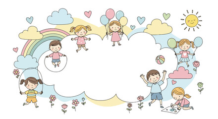 Adobe illustrator artwork vector illustration featuring a blank banner template, surrounded by happy kids enjoying various summer activities. Emphasizing happy kids and healthy kids lifestyle