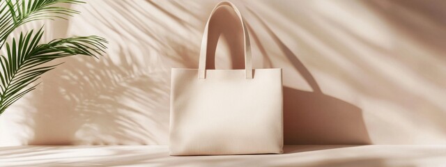 Elegant Beige Tote Bag Mockup Minimalist Style Sunlight Shadows Palm Leaf