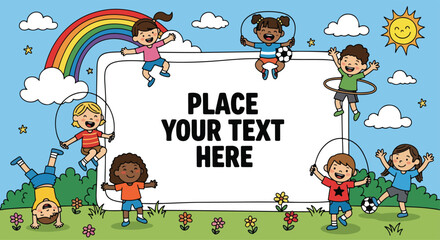 Adobe illustrator artwork vector illustration featuring a blank banner template, surrounded by happy kids enjoying various summer activities. Emphasizing happy kids and healthy kids lifestyle