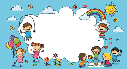 Adobe illustrator artwork vector illustration featuring a blank banner template, surrounded by happy kids enjoying various summer activities. Emphasizing happy kids and healthy kids lifestyle