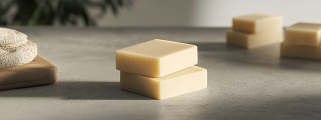 Natural Handmade Soap Bars on Concrete Surface Spa Products Beige Tone