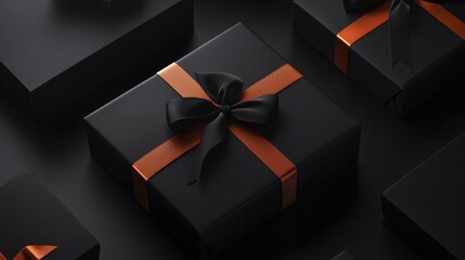 Elegant Black Gift Boxes with Copper Ribbons Luxury Packaging Mockup