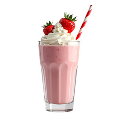 A strawberry milkshake with whipped cream and a striped straw isolated on transparent background