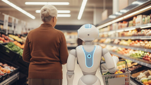 スーパーマーケットで買い物をする高齢女性とロボット
