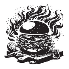 Black Pulled Pork Sandwich Silhouette Vector, High Quality Illustration on White Background