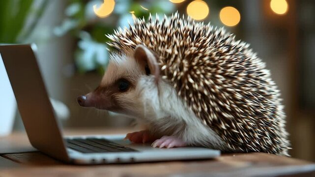 A hedgehog working productively on a laptop in a cozy workspace