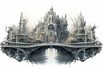 Fototapeta premium Enchanted castle on a bridge with intricate architecture and eerie surroundings