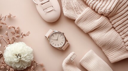 Fashion women stylish accessories outfit glamour set with label flat lay beige pastel background table with copy mock up space,
