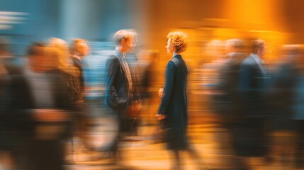A vibrant networking event with business professionals engaging in conversation, blurred figures creating a sense of motion and activity. High quality