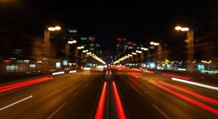 Naklejka premium Blurred streaks of car lights on a multi-lane city road at night.