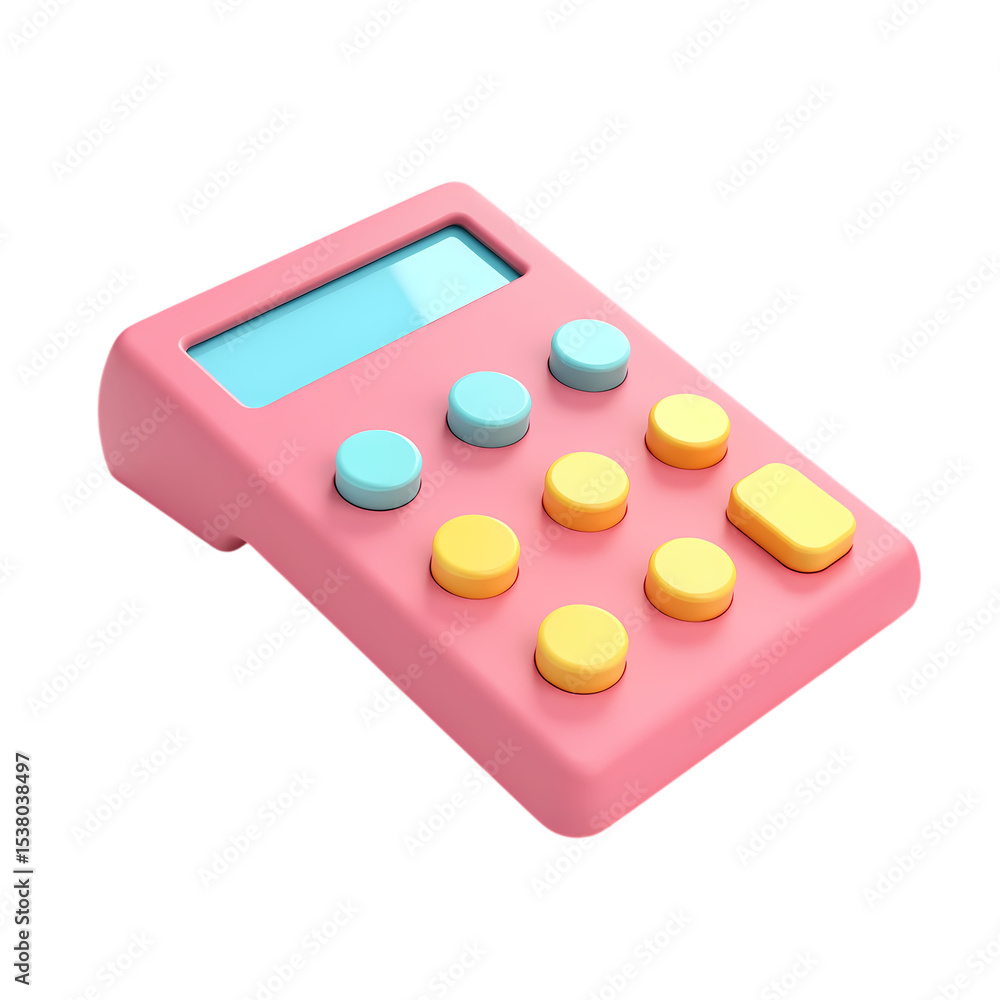 Poster a pink calculator with blue screen and yellow and blue buttons isolated on transparent background