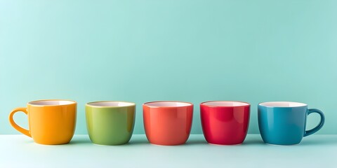 Five Colorful Matte Coffee Cups in a Row on Light Blue Background &ndash; Minimal Drinkware Display

