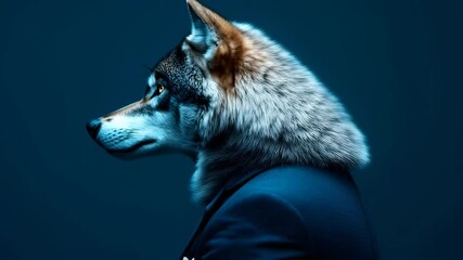 A confident wolf in a business suit leading a corporate presentation