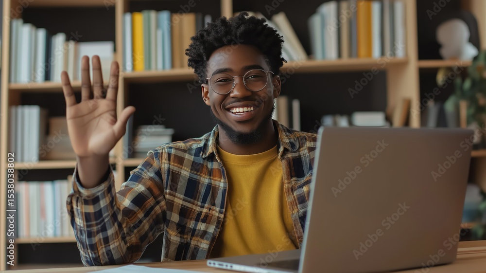 Poster man waves hello while using a laptop in a modern workspace with books and plants in the background