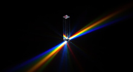 A prism demonstrating the dispersion of light into red, green, and blue components against a dark background.