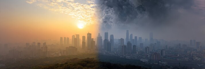 Obraz premium Comparison of Clean Air Environment and Polluted Air Conditions in Urban Landscape During Sunrise and Sunset