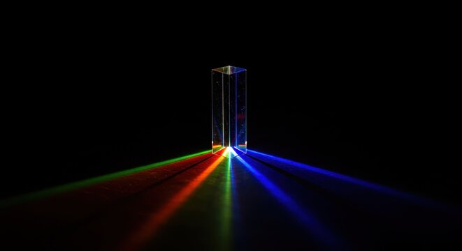 A prism demonstrating the dispersion of light into red, green, and blue components against a dark background.