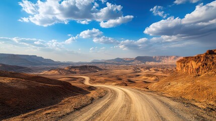Panoramic view of a long, straight road cutting through a vast arid desert landscape