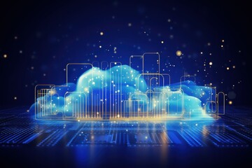 Digital cloud computing concept with glowing blue elements and data outlines