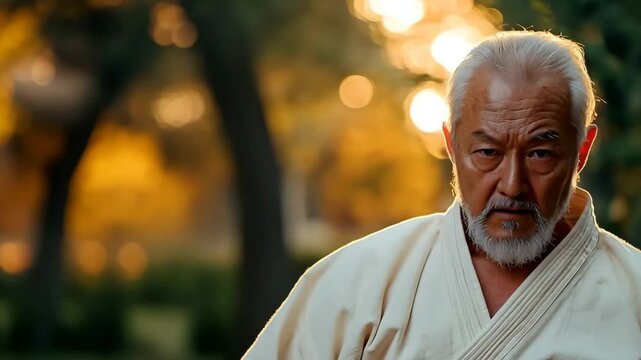 Disciplined martial performing graceful kata in serene garden