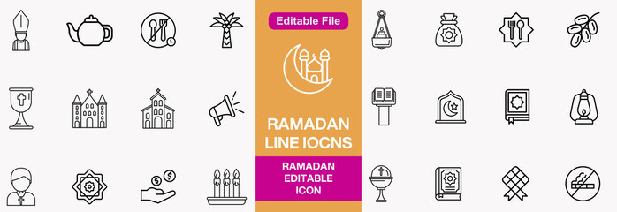 Islamic icon with thin line style, use for Islamic event or pictogram assets, Ramadan Kareem, IED Mubarak. Islamic Line Art Icons Set. Ramadan Kareem Line Vector Icons.