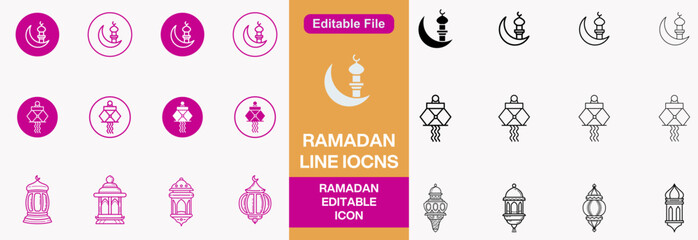 Islamic icon with thin line style, use for Islamic event or pictogram assets, Ramadan Kareem, IED Mubarak. Islamic Line Art Icons Set. Ramadan Kareem Line Vector Icons.