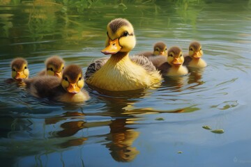 Mother duck guiding her ducklings in a serene pond on a bright day