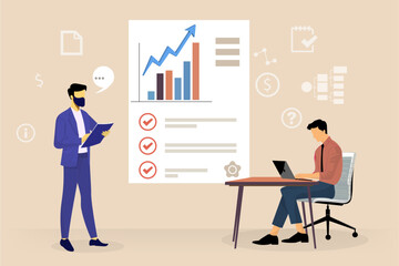 Business discussion. Cartoon illustration in flat style of group of different people having discussion at table near board with charts and graphs.