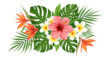 Tropical floral arrangement featuring hibiscus plumeria and bird of paradise against black background