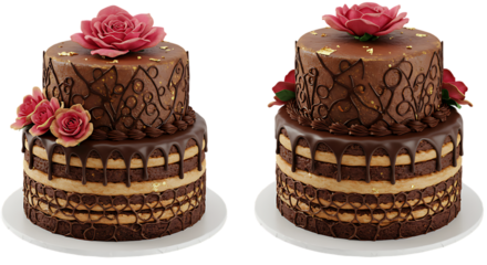 Two tiered chocolate cakes decorated with roses and intricate designs for celebrations