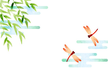 柳と赤とんぼの残暑見舞いはがき、横、イラスト、かわいい、和風