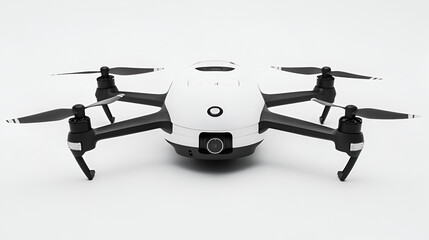 A modern white and black drone with propellers, camera, and landing gear.