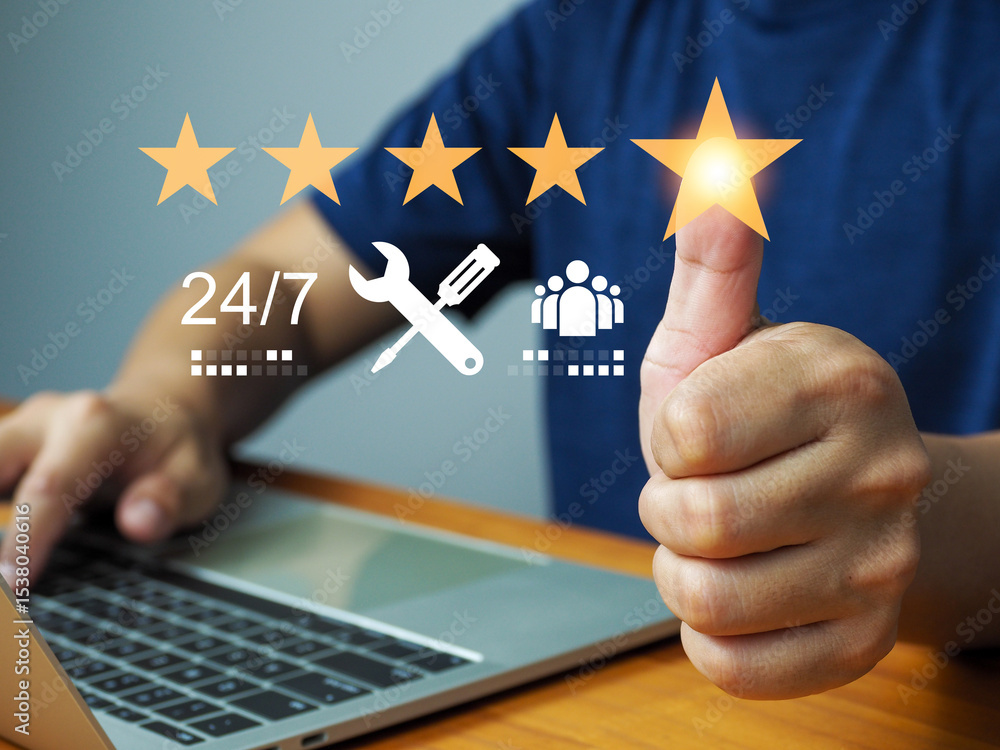 Poster 5 star rating with a raised hand and a laptop keyboard in the background indicates excellent service