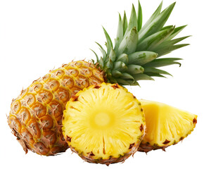 Ripe pineapple, whole and sliced, showcasing its golden flesh and vibrant green crown.