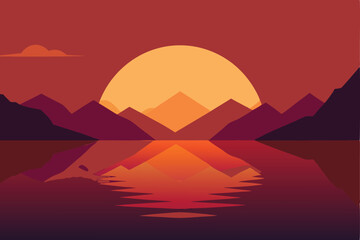 Fototapeta premium Serene sunset over tranquil lake, mountains reflecting in calm water.