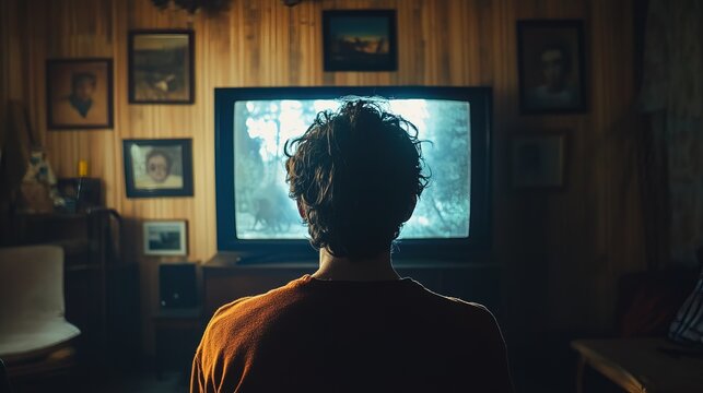 A person watching an old home movie alone, lost in nostalgia