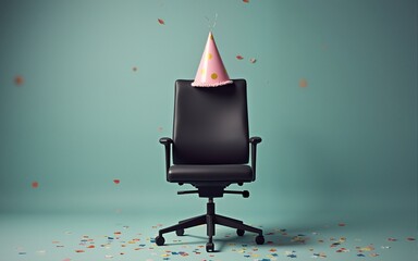 A serious office chair wearing a tiny party hat, confetti falling around it. High quality