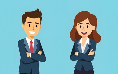 Business man and woman with smiling and sad facial expressions standing against blue background representing employee morale and workplace emotions concept in flat style vector illustration