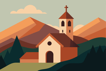 Naklejka premium A quaint church nestled in a valley with mountains and trees.