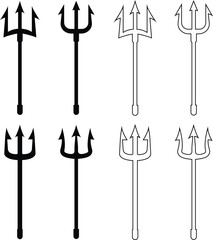 Trident devil or satan flat, line icons set. Pitchfork Poseidon weapon, Neptune spear vectors. Symbol hell, evil isolated on transparent background. Symbolizing strength, mythology and maritime theme.