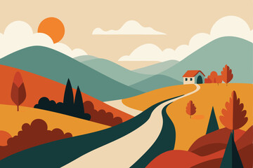 Autumnal landscape with winding road leading to a cozy cottage nestled in a valley.
